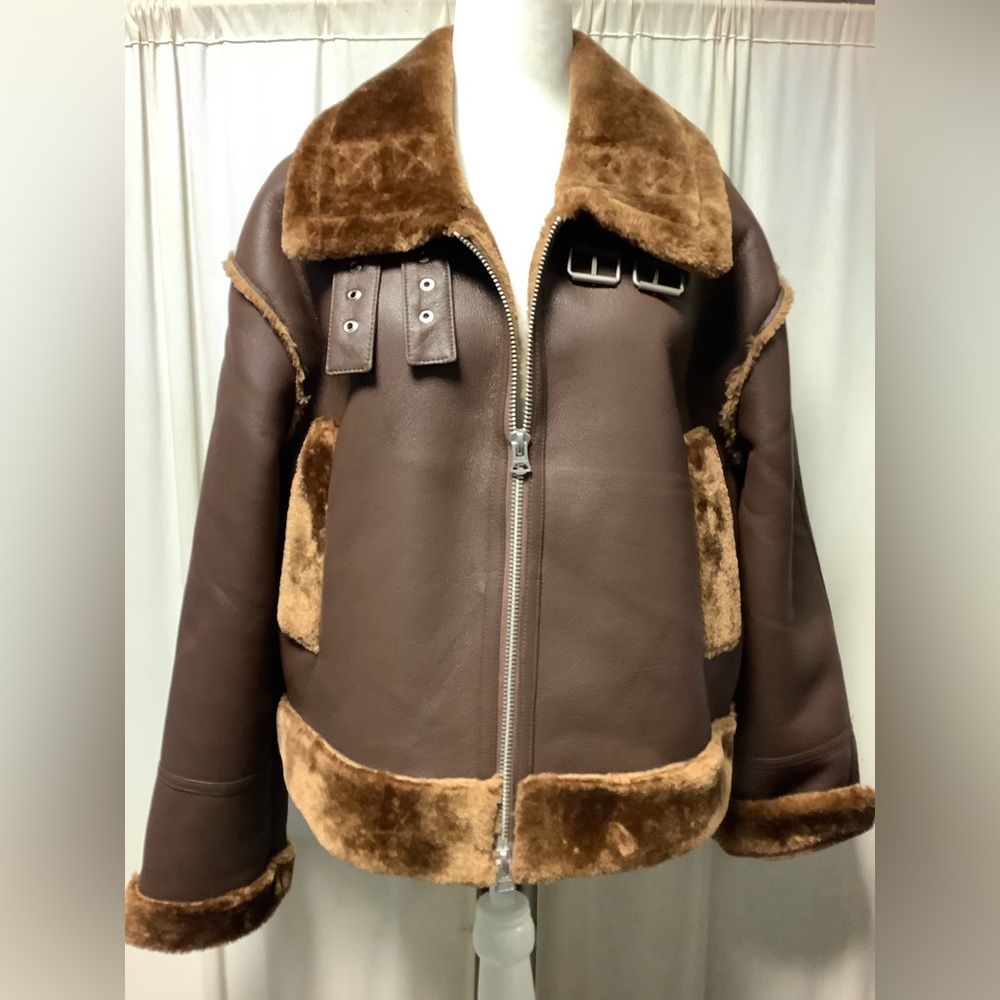 Hudson Vegan Leather Aviator Cropped Jacket with Shearling